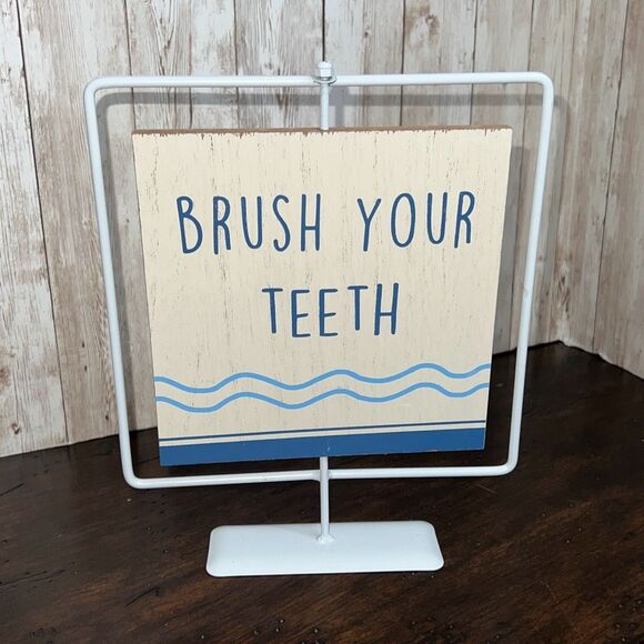 NWT Wash Your Hands Brush Your Teeth Bathroom Sign 2-Sided Metal Wood Decor Kids - Picture 5 of 6